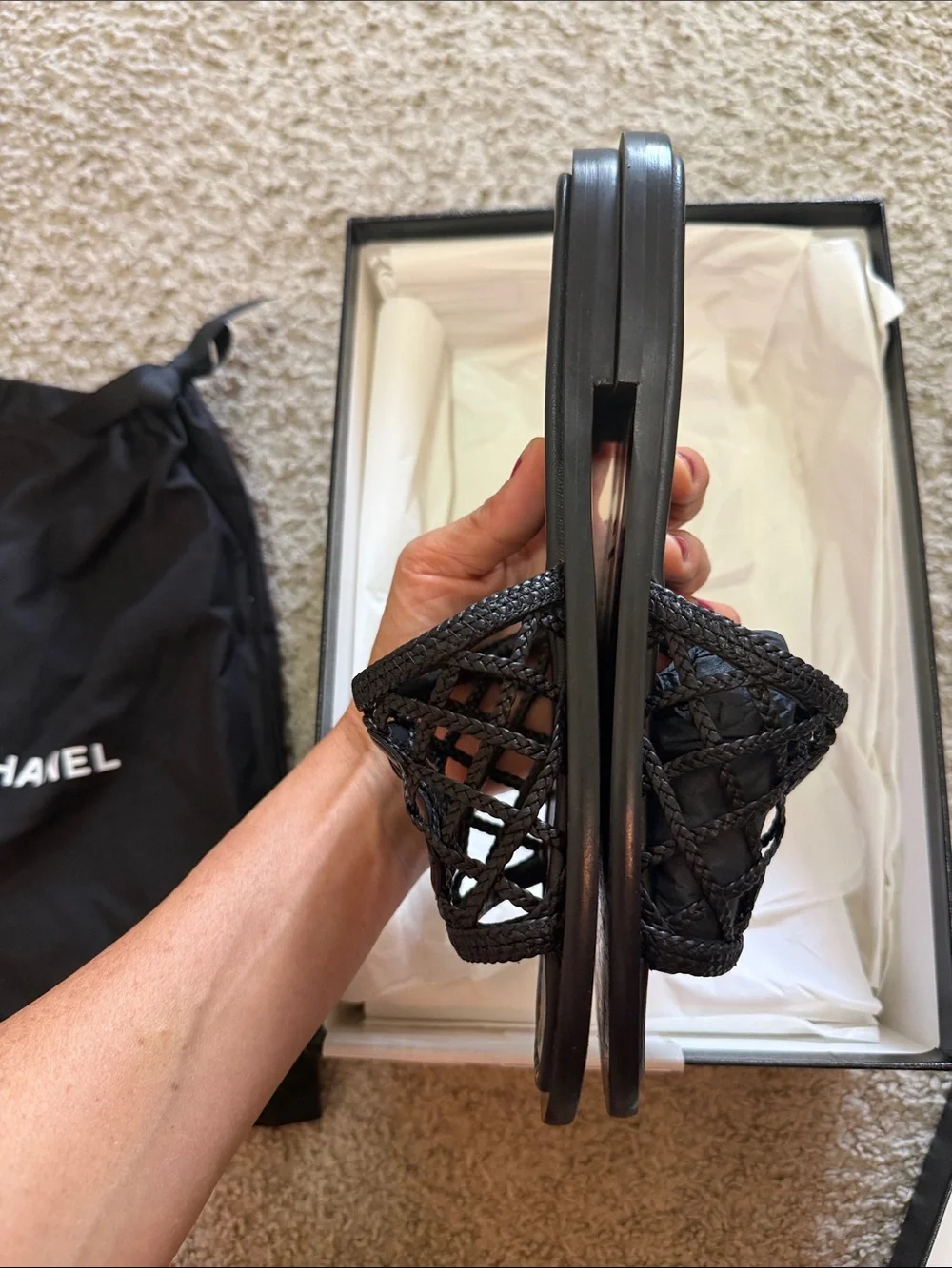 CHANEL Black Braided Leather CC Slide Sandals. 37 | Worn Once